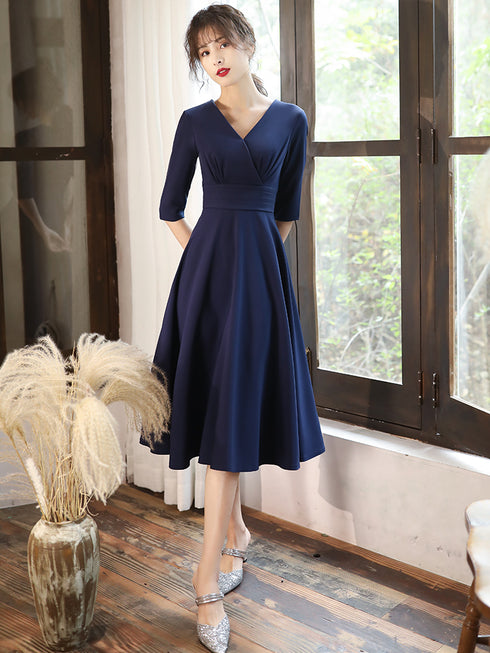 Navy Blue Simple V-neckline Wedding Party Dresses, Blue Bridesmaid Dresses